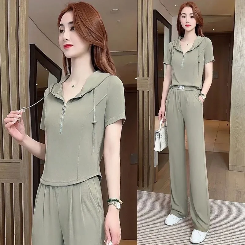 Spring Summer Women's Fashion Sports Suit Hooded Short Sleeve Sportswear High Waist Straight Leg Wide Leg Pants Two Piece Set