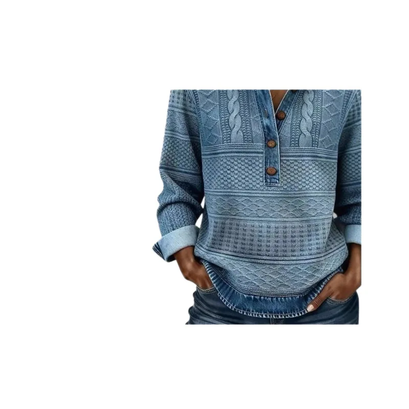 Nuova Camicia Casual da Donna 2025 con Collo a Polo e Maniche Lunghe in Maglia, Versatile per Autunno e Inverno, con Patchwork in Denim, Misto Poliestere e Cotone - immagine 5