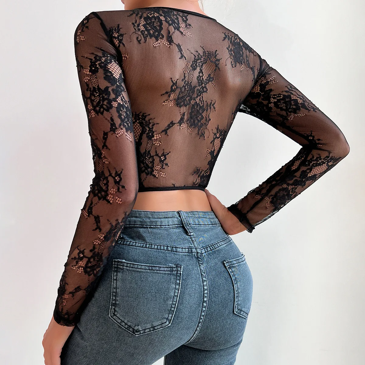 New Sexy Lace Clairvoyant Bustier Women Long Sleeved Top Brassiere Underwired Bra Fishbone Corset Slim Fit Top