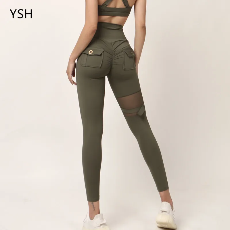 

Спортивные штаны Yushuhua в стиле инструментов, подтягивающие бедра, Леггинсы для йоги, женские обтягивающие штаны для фитнеса, сетчатые комбинированные трико для бега в тренажерном зале