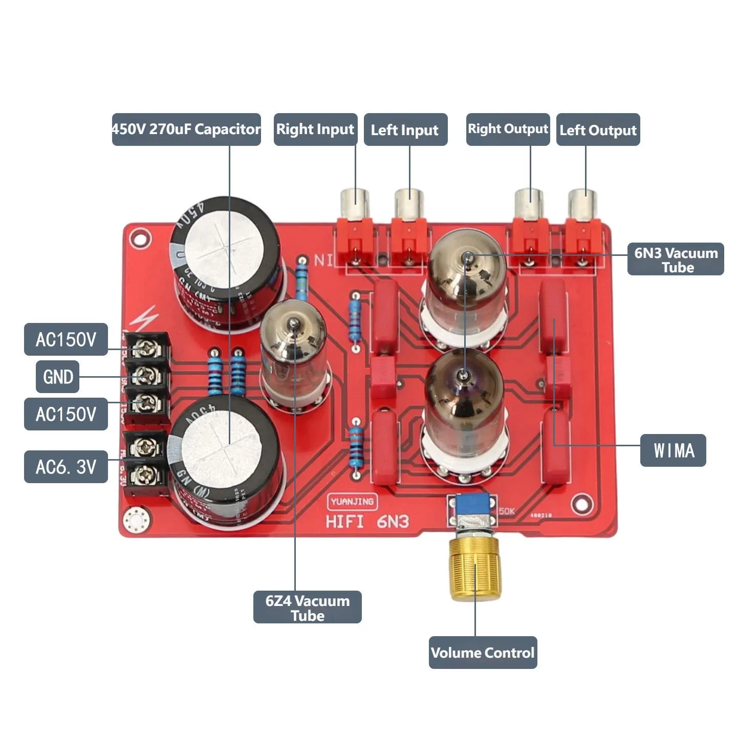 YJCO YJ-6N3 튜브 정류기 프리앰프 보드 HiFi 오디오파일 진공관 프리앰프(WIMA 450V 270uF 필터 커플링 커패시터 포함)