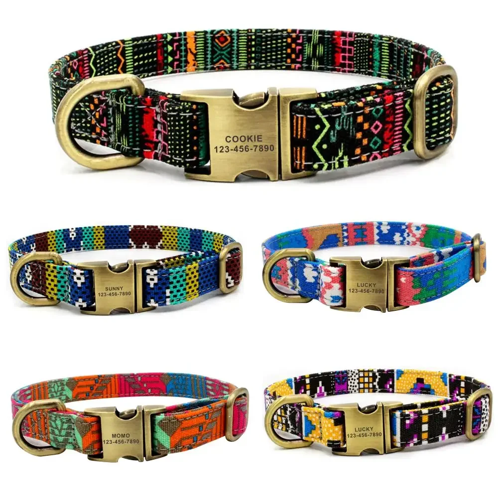 Dog Collar Personalized Bohemia Canvas Name ID Tag Adjustable Basic Collars Antique Bukcle Leads Learsh Set Pet Accessory