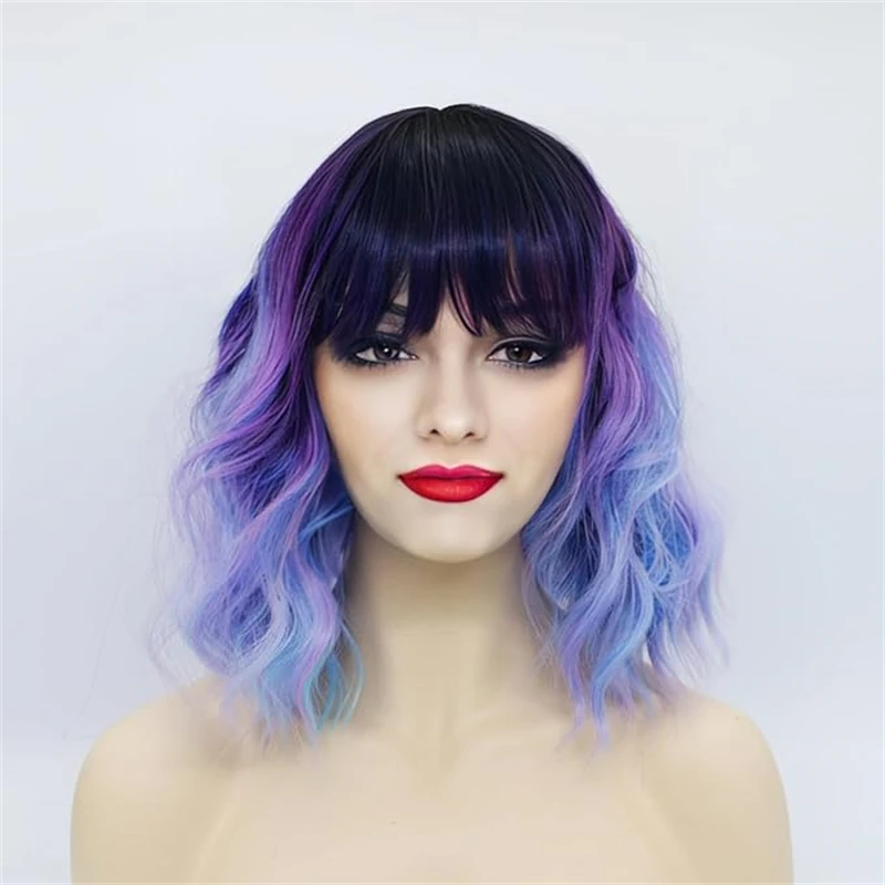 

Short Curly Wavy Bob Colorful Wig with Bangs, Shoulder Length Synthetic Hair Wigs Cosplay Party Wig for Women Girls Use 12 Inche