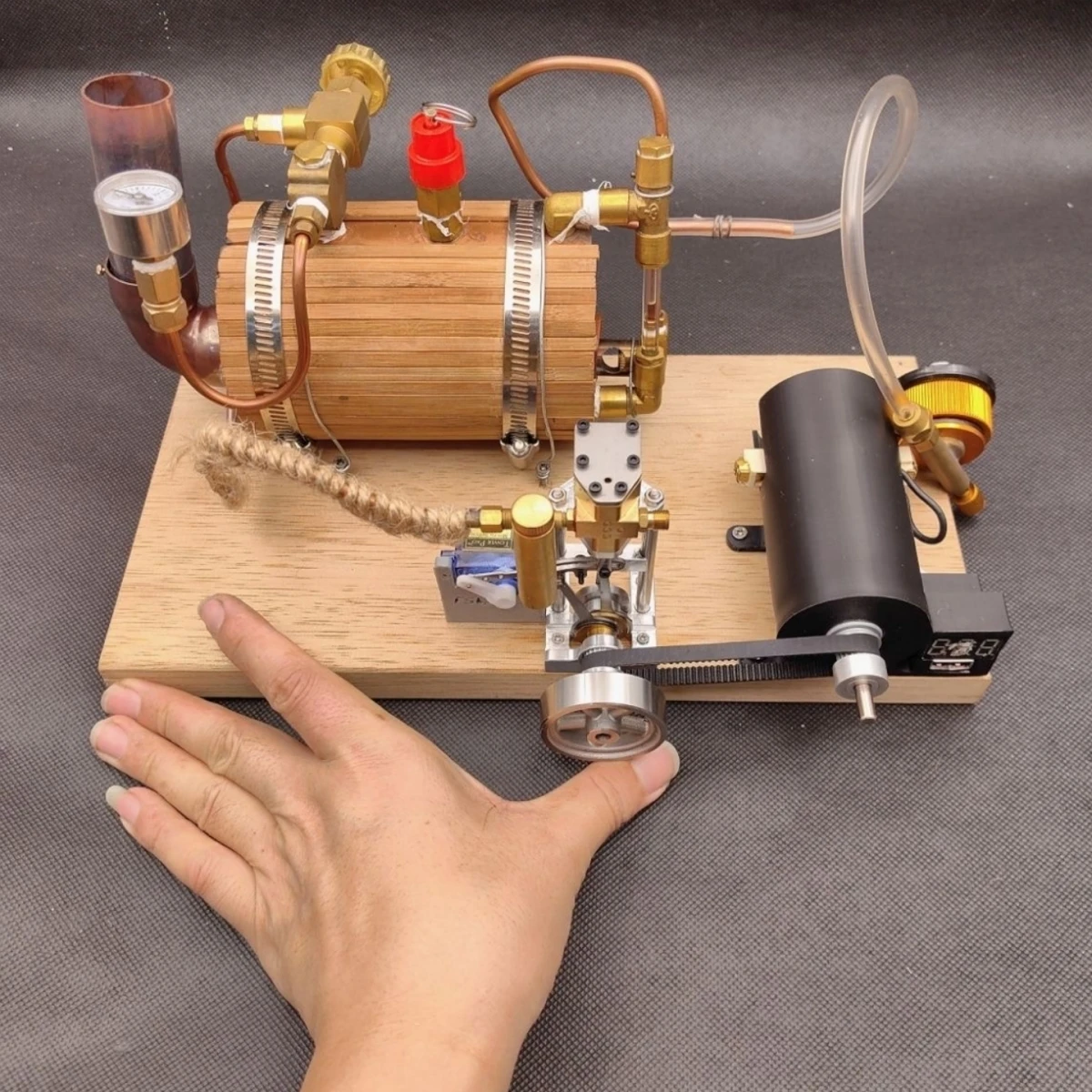 

Steam Engine Generator Model Kit ( with Boiler, Generator , Voltage Regulator, Voltage Display , Wooden Base, Regulator , Etc )