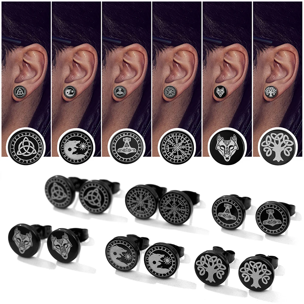 6pairs/set Black Round Stud Earrings Skull Celtic Cross Star of David Viking Wolf Tree Fighter Eye of Horus Unisex Jewerlry QC24 5