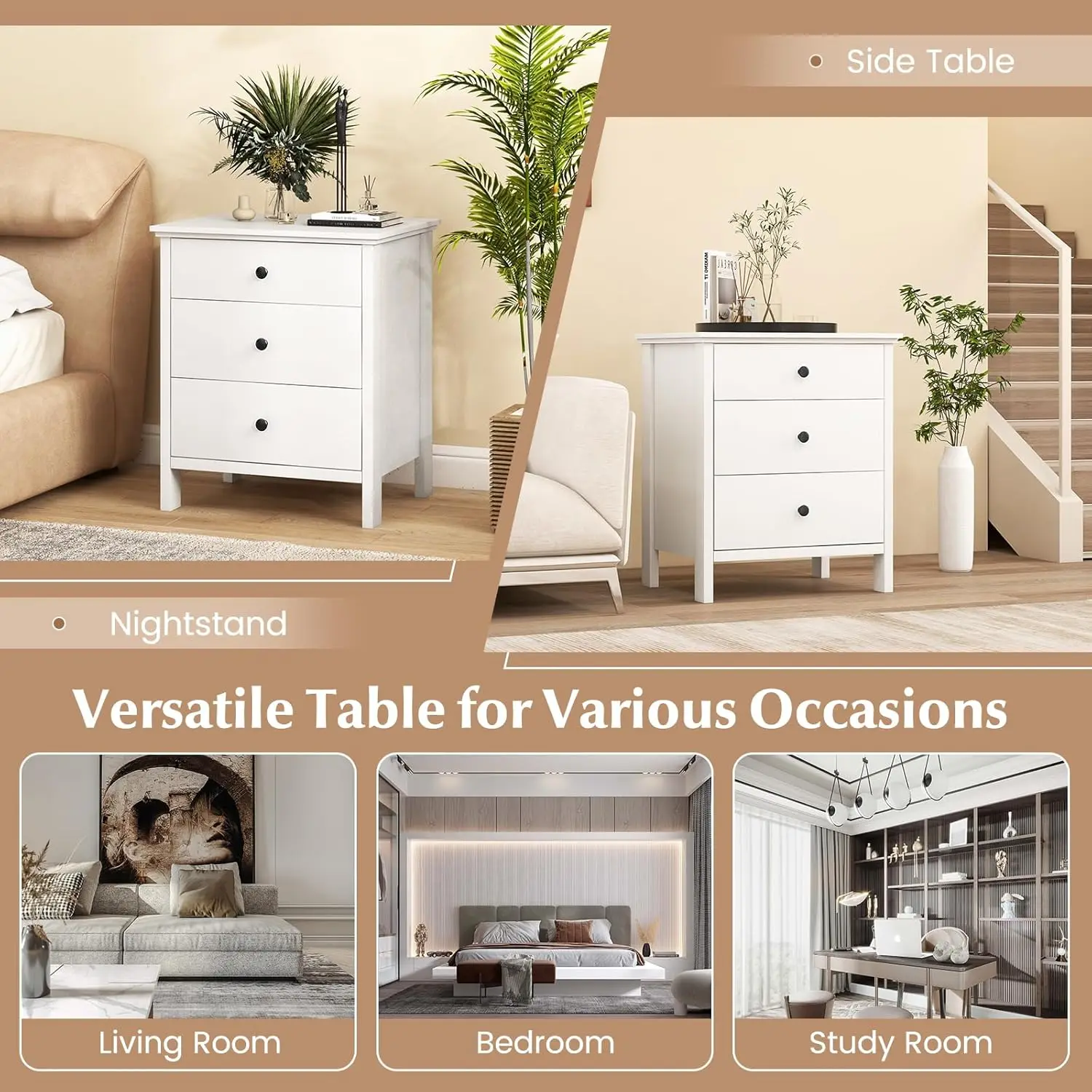 Nightstand with 3 Drawers, Wooden Side End Table with Solid Wood Legs, Retro 3-Drawer Bedside Table Night Stand for