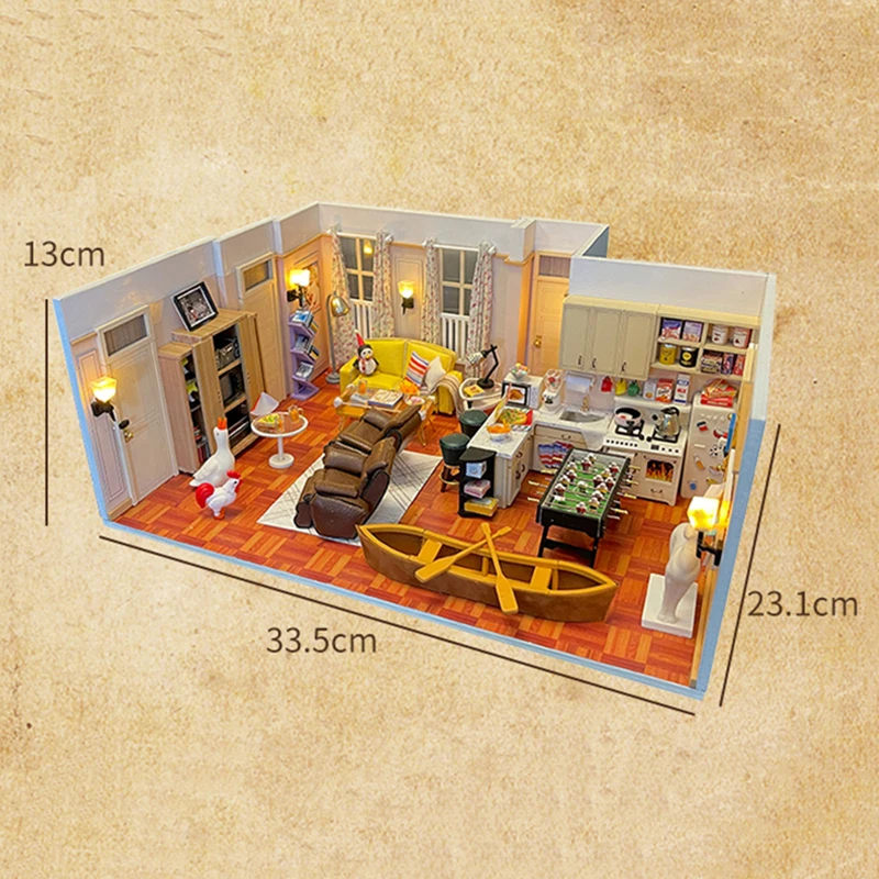 DIY Wooden Miniature Model Kit Friends Casa 3D Puzzle Monica‘s Room Villa Dollhouse With Furniture Lights Home Decor Gifts 6