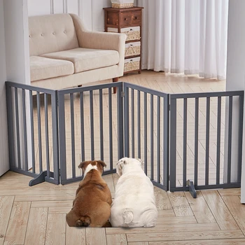 Voltsify Wooden Foldable Freestanding Panel Pet Gate, White & Grey for Entryways Halls Bedrooms