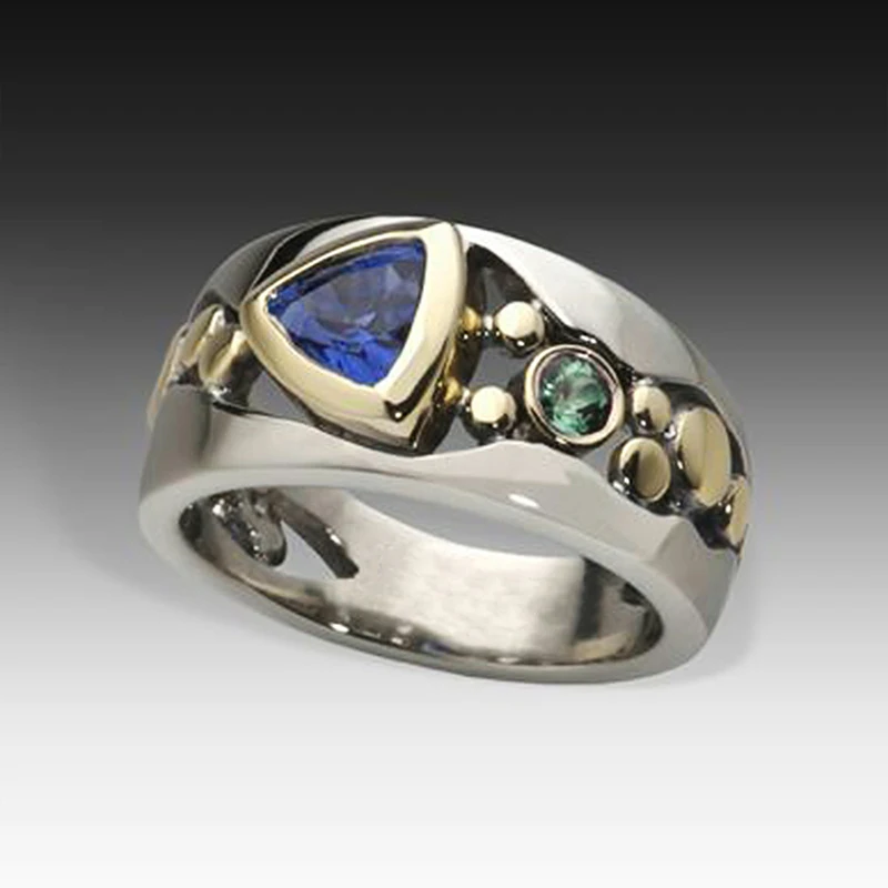 Huitan Two Tone Design Triangular Blue/Green CZ Women Rings - Image 2