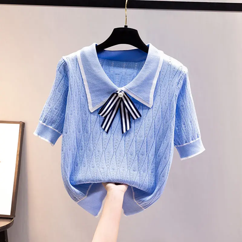 

Fashion Peter Pan Collar Spliced Beading Hollow Out Bow Blouse Women's Clothing 2023 Summer New Casual Pullovers Sweet Shirt