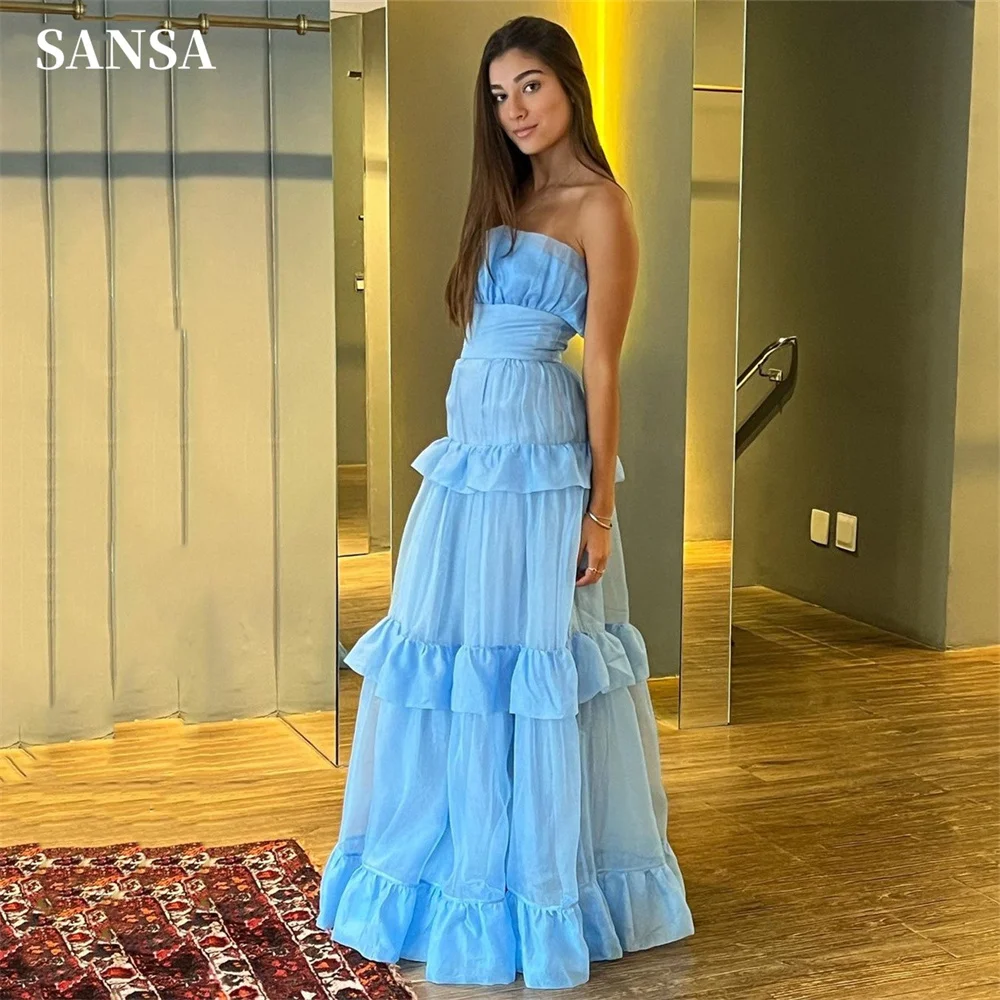 

Sansa Sexy Strapless Light Blue Prom Dress Organza Floor Lenght فساتين سهره فاخره Sweet Multilayer Edge Curl Vestidos De Noche