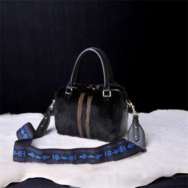 Fashion Luxury Women's Fur Handbag Winter Natural Mink Fur Shoulder Bag Real Cowhide Handles High Quality Crossbody Bag