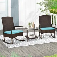 3 Pieces Rocking Wicker Bistro Set, Outdoor Front Porch Rocker Chairs Conversation Set with 2-Tier Tempered Glass Coffe 1