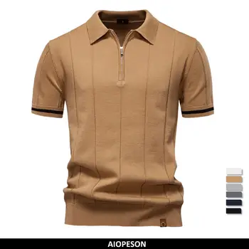 2025 Summer Men's Knit Cotton Polo Shirt - Breathable & Stretch Turn-Down Collar Design for Business  Golf and Social Events