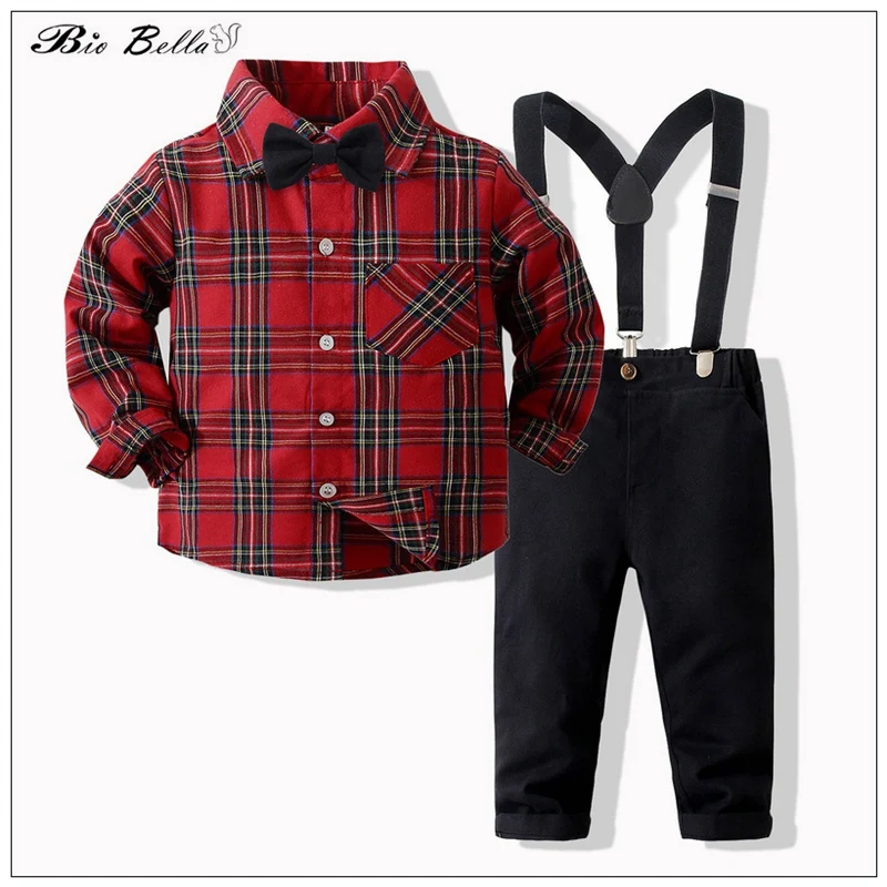 

Children Autumn Clothing Suit Full-Sleeve T-Shirt Tie Pants Supender Kids 1-5 Yrs 2023 Spring Outfits Formal Xmas Baby Costume