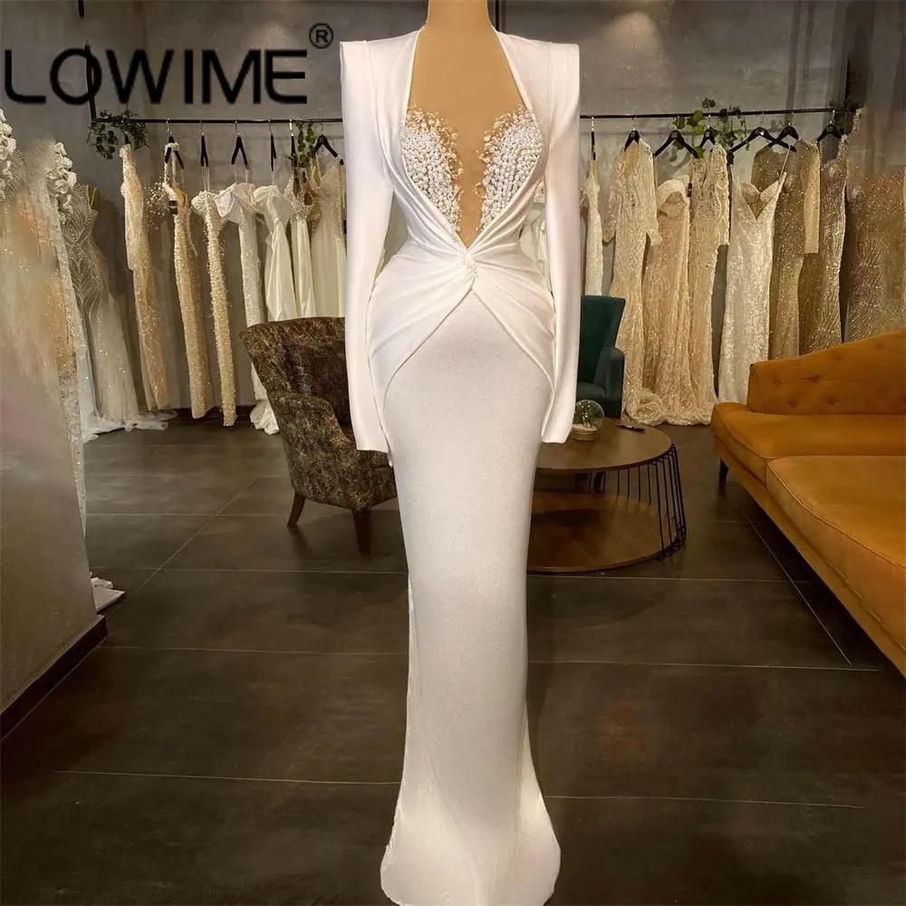 

2023 Pearls Long Stain Evening Dresses For Women Elegant Pleats Full Sleeve Mermaid Formal Wedding Party Gowns Robe De Soiree