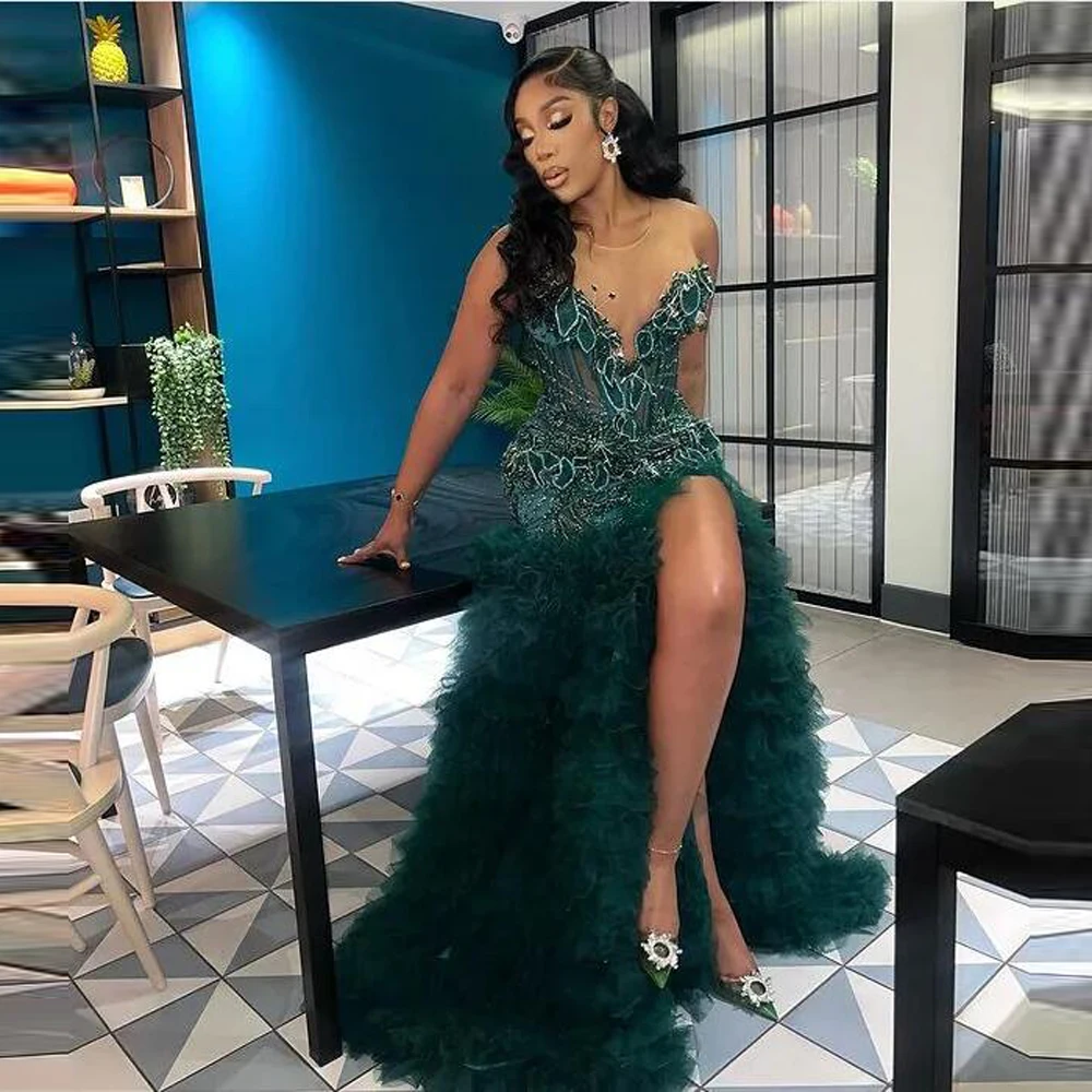green emerald velvet dress Sparkly Dark Green Sequin Feather Long Prom Dress main image 1