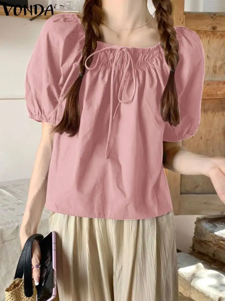 

Блузка VONDA женская с круглым вырезом, Элегантная Повседневная Туника с коротким рукавом-фонариком, свободная рубашка, лето 2024