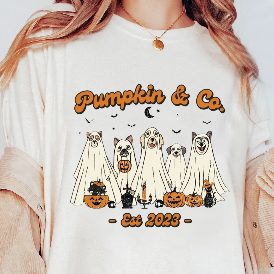 

Новый Повседневный Топ на Хэллоуин, милая Универсальная футболка с принтом тыквы, простая футболка с коротким рукавом и круглым вырезом с мультяшным рисунком.