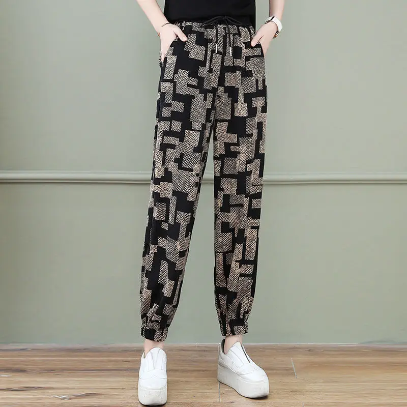 Printed Ice Silk Casual Women's Trousers Summer 2023 Elastic High Waist Slim Fashion Harun Nine Point New in Pants