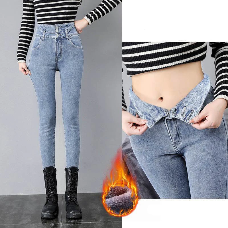 

Winter Thick Fleece Jeans Women Korean High Waist Stretch Skinny Jeans Ladies Casual Warm Slim Fit Denim Pencil Pants Streetwear