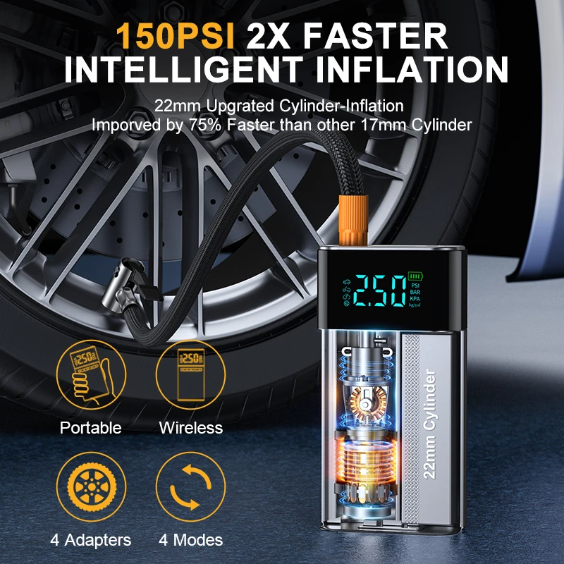 BUVAYE �ڵ��� ���� ��Ÿ��, 1500A ���� �����, 12000mAh �������͸� �޴�� ���͸� �ν���, Ÿ�̾� ��â��, LED ���� EVA ����