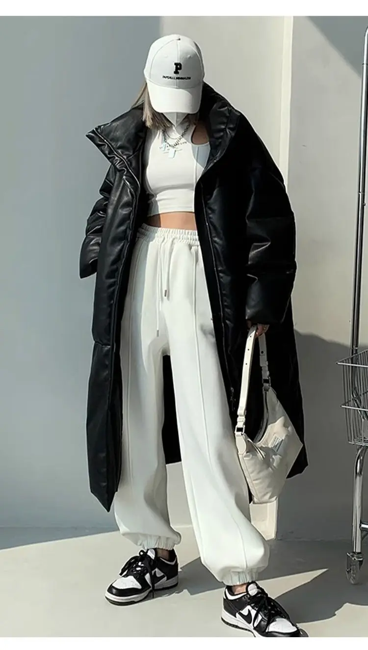 Winter Long Pu Leather Down Jacket Female Black Thick Warm Cotton Parka Outwears Women White Duck Down Knee Length Down Jackets