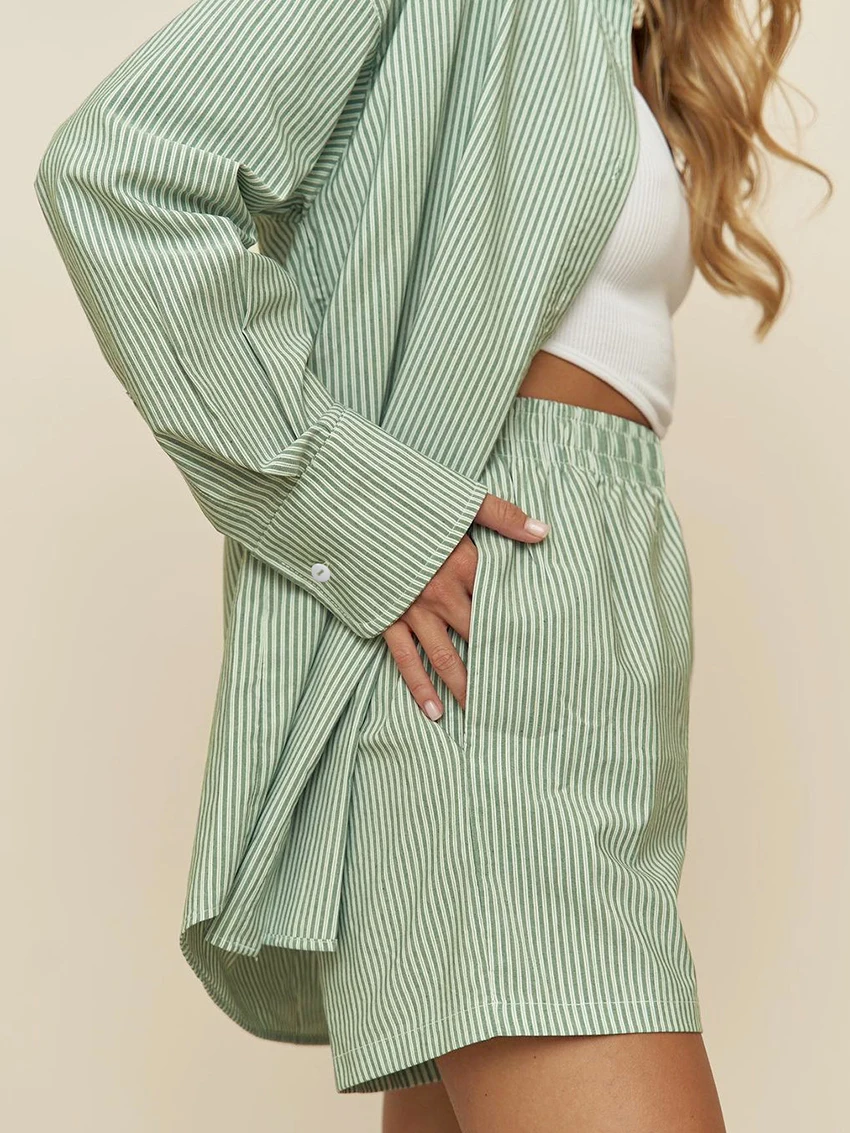 Marthaqiqi Casual Striped Female Pajamas Suit Turn-Down Collar Sleepwear Long Sleeve Nightgowns Shorts Home Clothes For Women'S