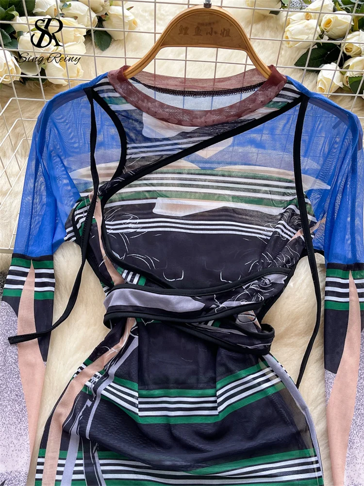 SINGREINY Multicolor Print Mesh Dress Sheer Long Sleeve Lace Up Slim Night Party Short Dresses Women Clubwear Bodycon Mini Dress 3