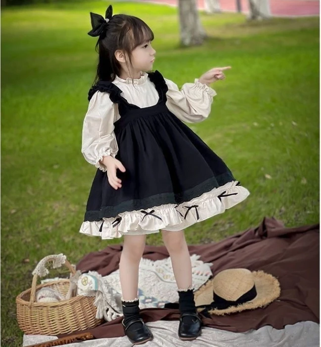 

Осенний модный плиссированный комплект из 2 предметов для девочек с кружевной внутренней подкладкой и бантом + пушистое платье на лямках до колен для молодежи и весны