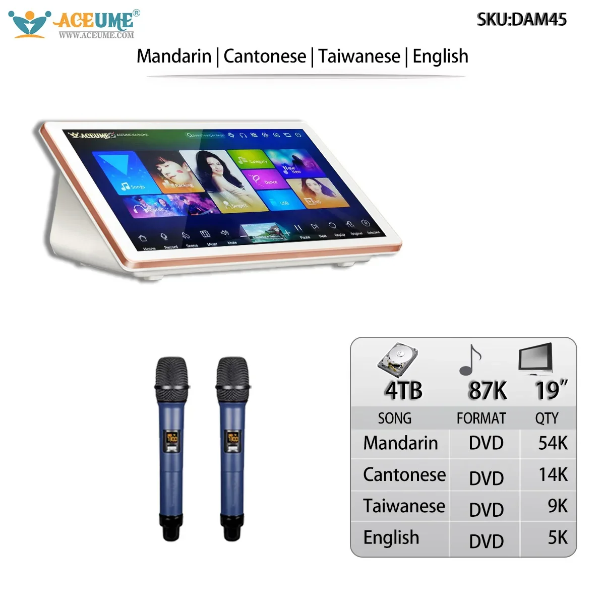 4TB HDD 87K Mandarin Cantonese English Songs 19" Touch Screen Karaoke Player