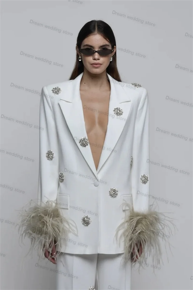 Women Suit Pants Set 2 Pieces Grey Women Suits Pants Set Blazer + Trousers Feather Crystals Formal Office Lady Guest Wedding Tuxedo Jacket Customized