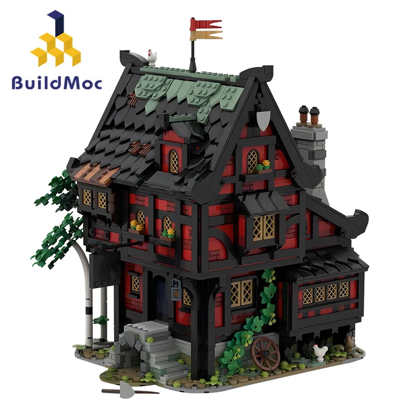 

BuildMoc средневековые Рыцари льва, крестовый ИНН, отель, набор строительных блоков, замок, таверна, кирпичи, игрушки для детей, подарок на день рождения