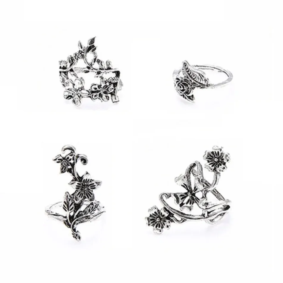 4 Pieces/set Popular Retro Fashion Personalized Engraving Rose Ancient Hollow Flower Vine Leaf Ring Group Jewelry Accessories