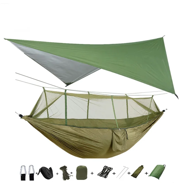 Lightweight Portable Camping Hammock and Tent Awning Rain Fly Tarp Waterproof Mosquito Net Hammock Canopy 210T Nylon Hammocks Green and green
