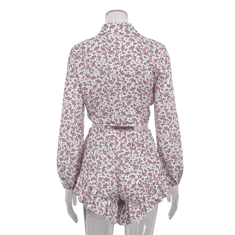 Printed Lace-Up 2 Piece-Set Shorts Outfits Female Lapel Contrast Patchwork Top Cardigan And High Waist Women's Shorts Sets
