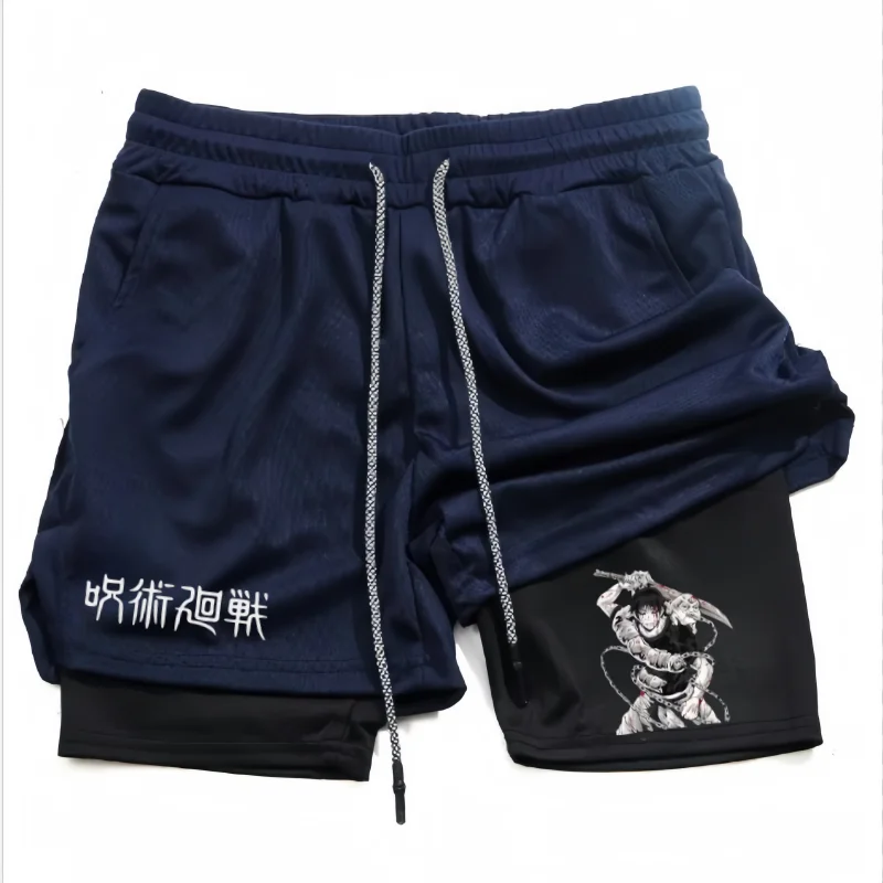 Anime Performance Shorts Toji Printed Men GYM Casual Sports Shorts Workout Running Mesh 2 In 1 Sport Short Pants