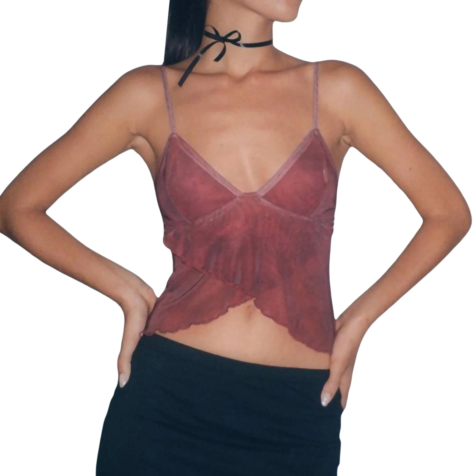 Graphic Printed Mesh See Through Vest Women Sexy Casual V-neck Sleeveless Suspender Camisole Patchwork Tank Top Y2K Streetwear