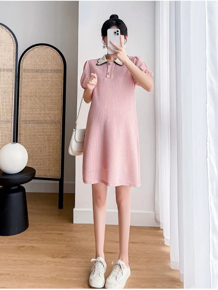 

2023 Summer Pregnancy Brief Clothes Sweet Short Sleeve Turn-down Collar Maternity A-Line Dress Solid Color Pregnant Woman Dress