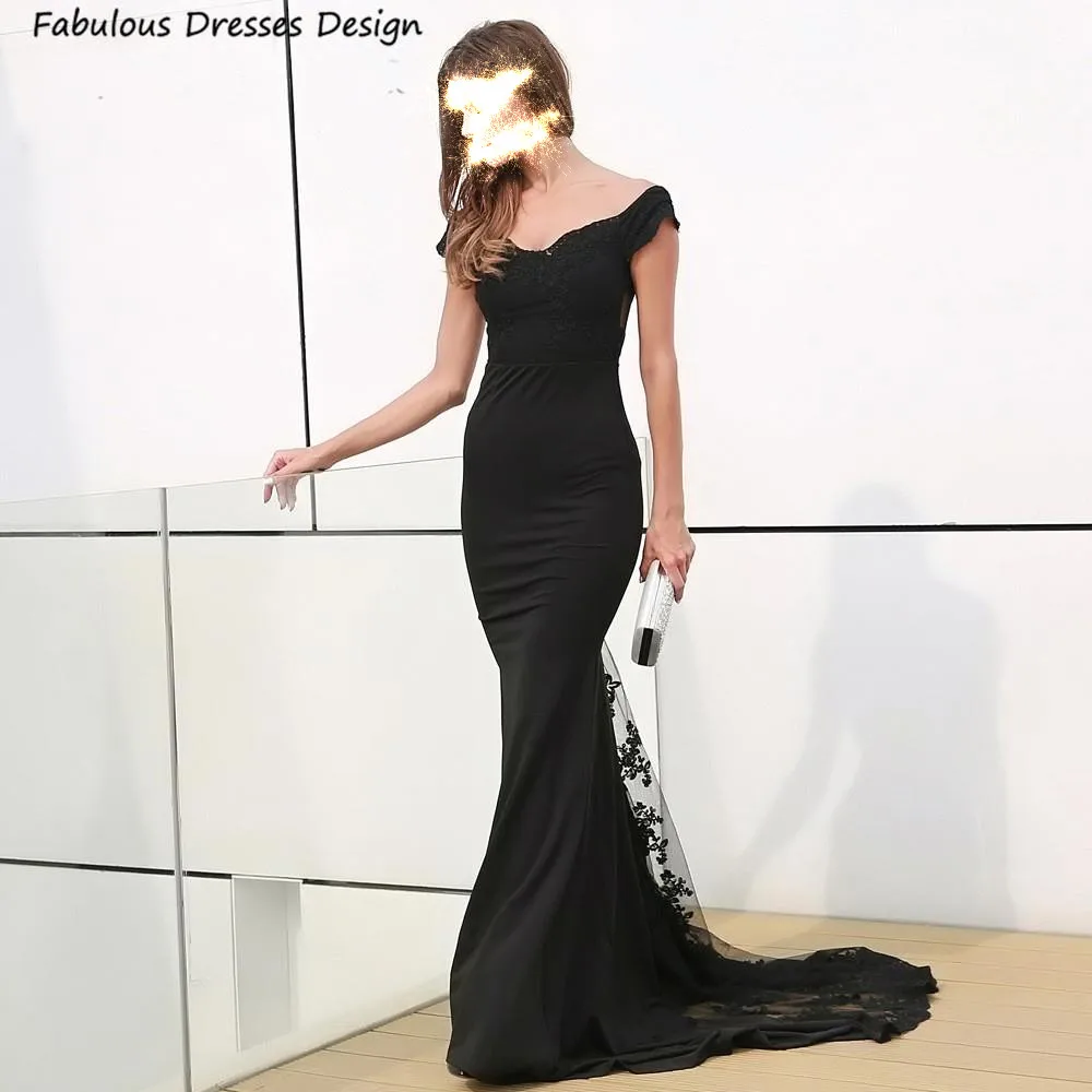 

Black Long Mermaid Off Shoulder Prom Dresses Applique Lace Sheer Backless Sweep Train Evening Dress For Women Wedding Party Gown