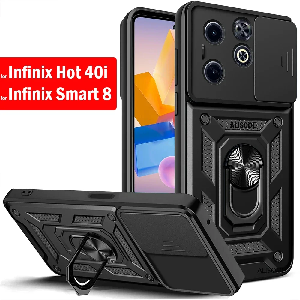 Slide Lens Capa Per Infinix Hot 40I Smart 8 Case Armor Ring Stand Protection Cover Per Telefono Per Infinix Smart 8 Hot 40I Case