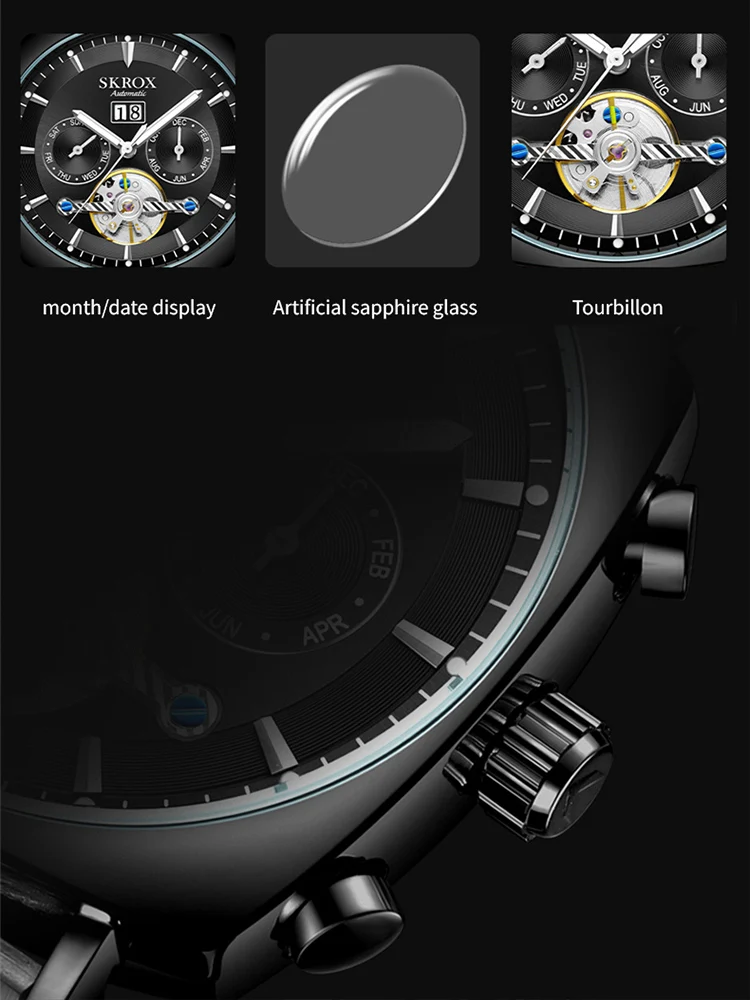 SKROX Original Square Tourbillon Skeleton Automatic Movement Man Watch Mechanical Men's Wrist Watches High-End Luxury Clockwork