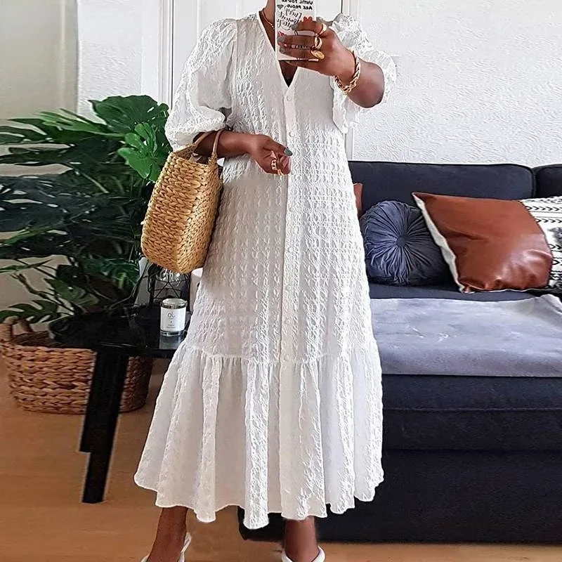 

Plus Size Women casual Shirt Dress Summer fashion V Neck Buttons Half Sleeve Long Maxi Vestidos Bohemian Elegant Party Robe