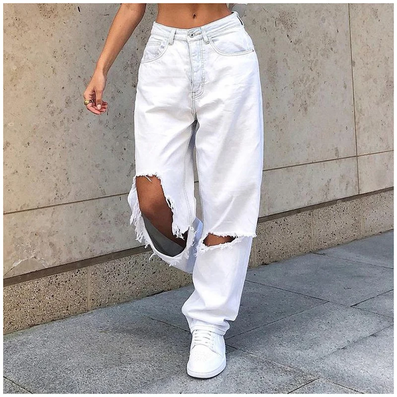 

Fashion Mid Waist Boyfriend Loose Destroyed Women's Classic Hole Baggy Jeans White Women's Vintage Pants Wide Leg Jeans Trousers