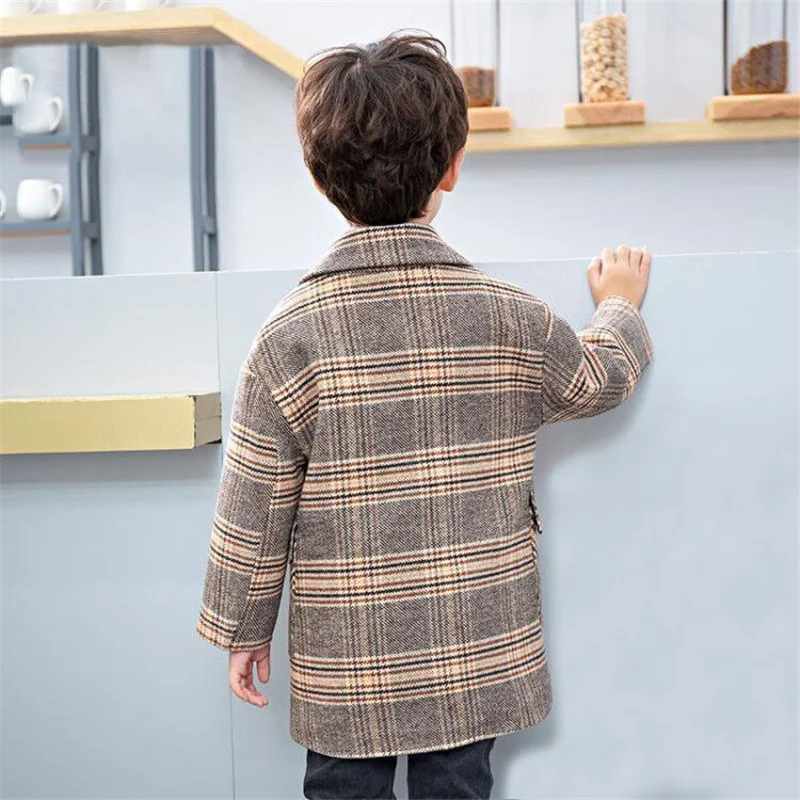 

Boys Plus For Cotton Jacket Woolen Coat For Autumn 2023 New Fashion Plaid Turn Collar Single-Breasted Kids Trench Clothes 90-160