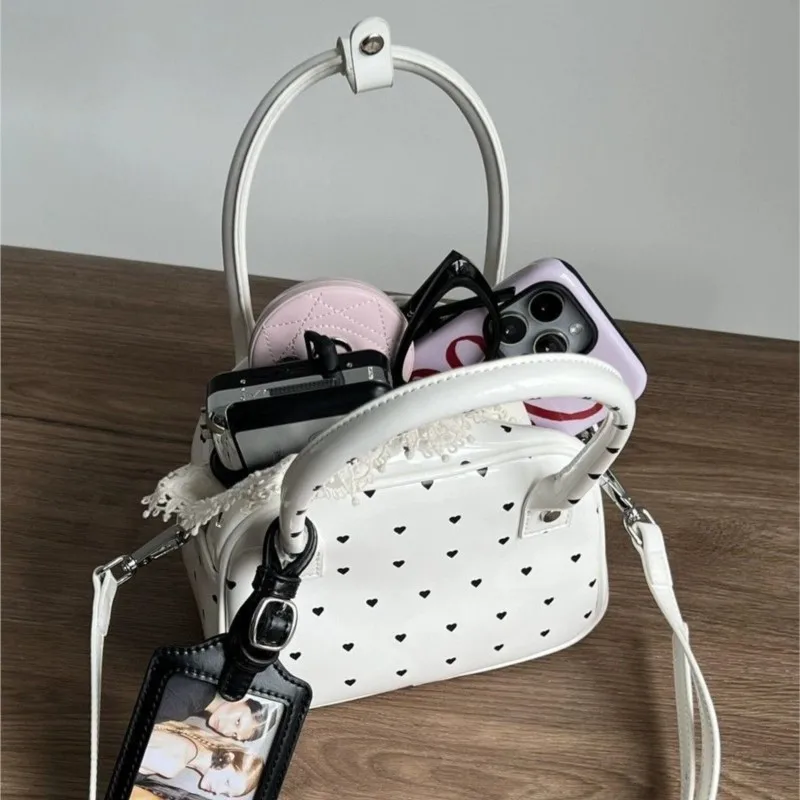 Hot Girl Harajuku Style Heart White Handbag Women Polka Dot Leather Shoulder Bags Ladies High End Sweet Cool Y2k Crossbody Bag