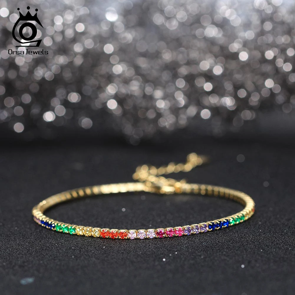 ORSA JEWELS Authentic 14K Gold Tennis Chain Bracelet Fashion 2mm AAAA CZ Bazel Setting Tennis Bracelet Jewelry for Women SB191