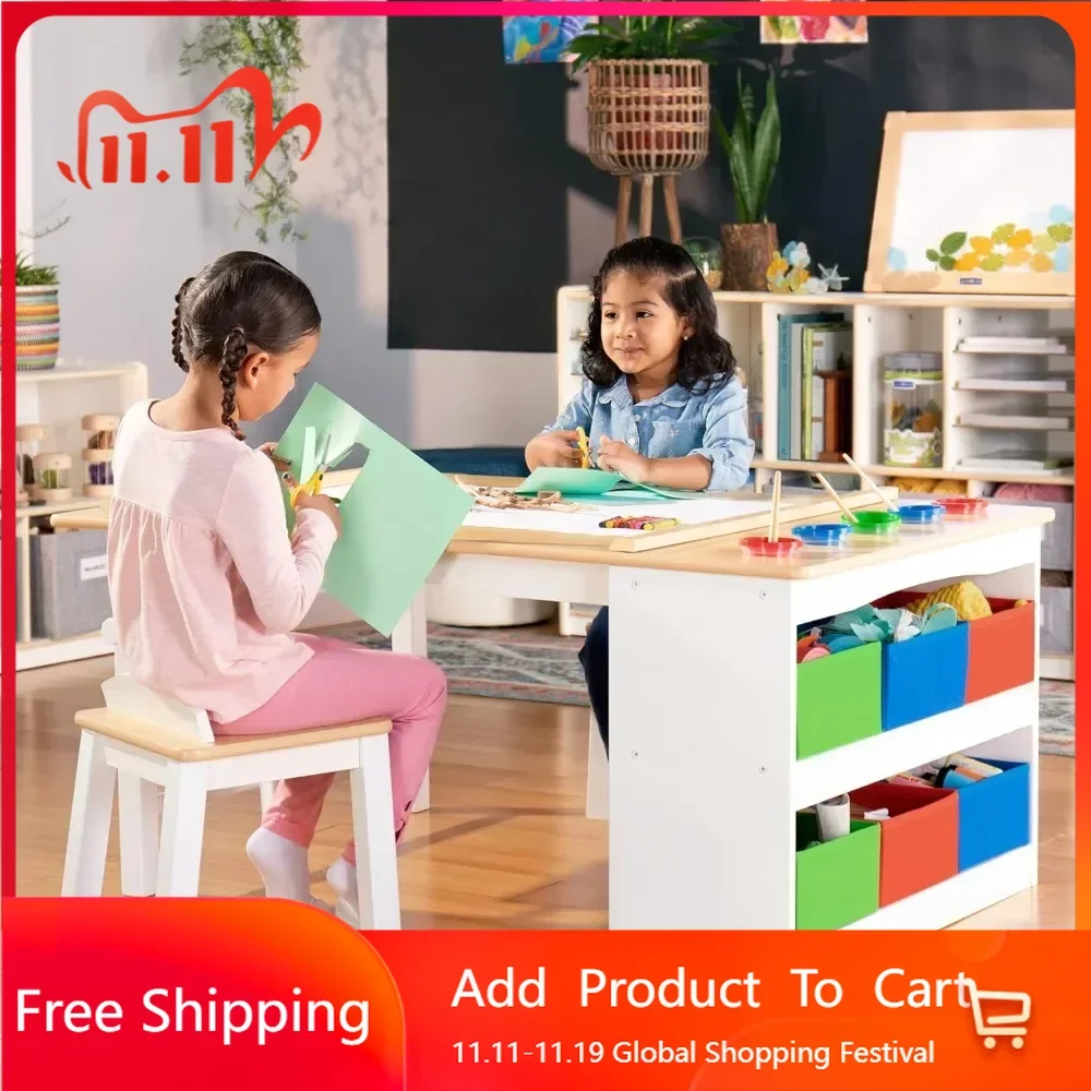 Arts and Crafts Center: Kids Activity Table and Drawing Desk with Stools, Storage Canvas Bins, Paper Roller, Paint Cups