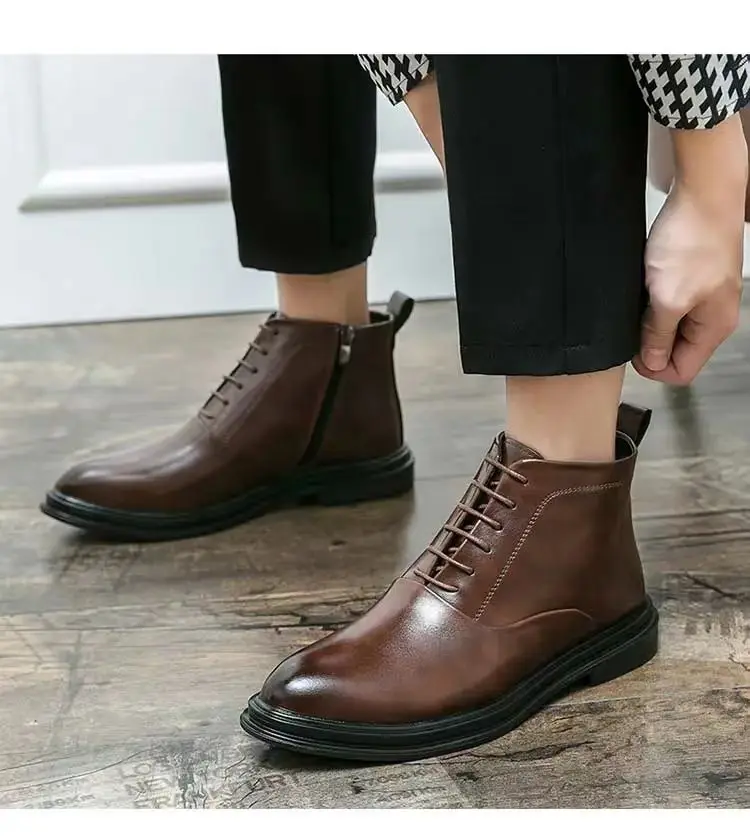 

New Men's Autumn Winter Leather High Top Formal Boot High Quality Free Shipping Ankle Boots Big Size Pointed Zipper Leather Boot
