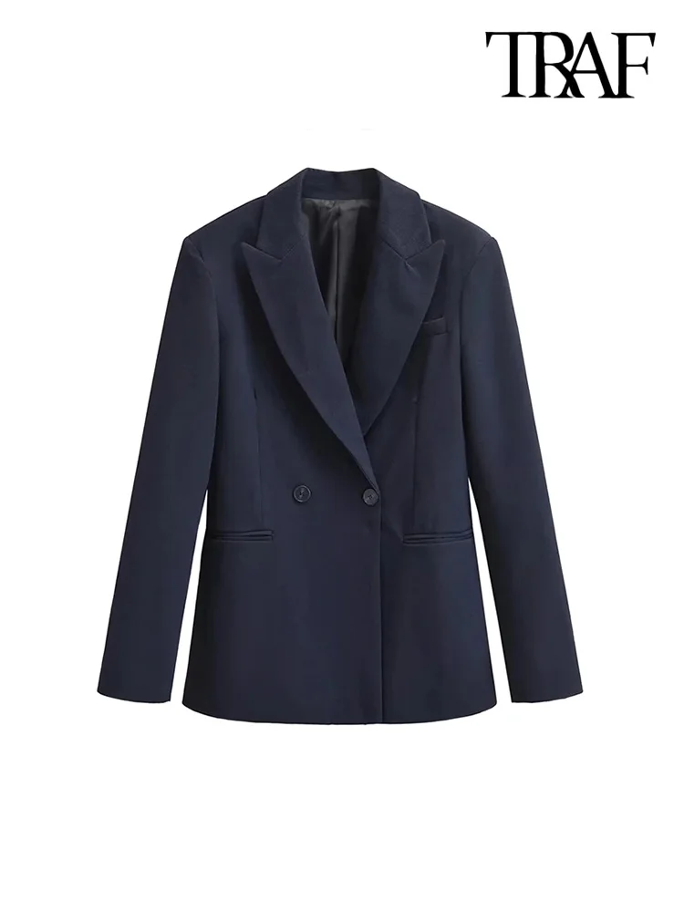 

TRAF-Women's Double Breasted Office Wear Blazers Coat, Long Sleeve, Welt Pockets, Female Outerwear, Chic Tops, Fashion
